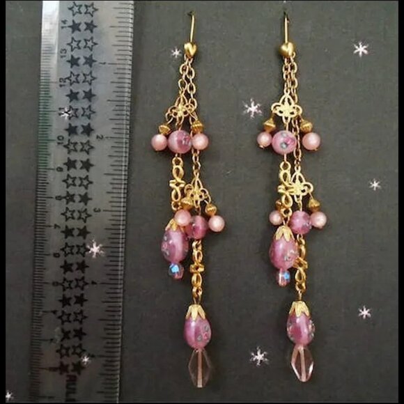 Extra Long Cluster Chain Earrings with Pink Lamp Beads are Recycled Vintage - Picture 2 of 9